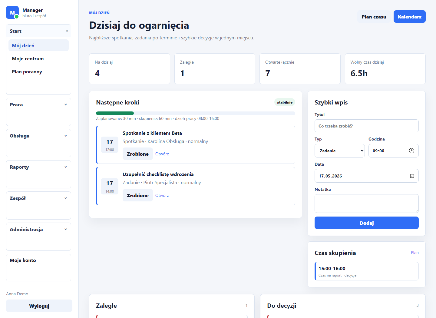 Widok panelu dnia w aplikacji Manager