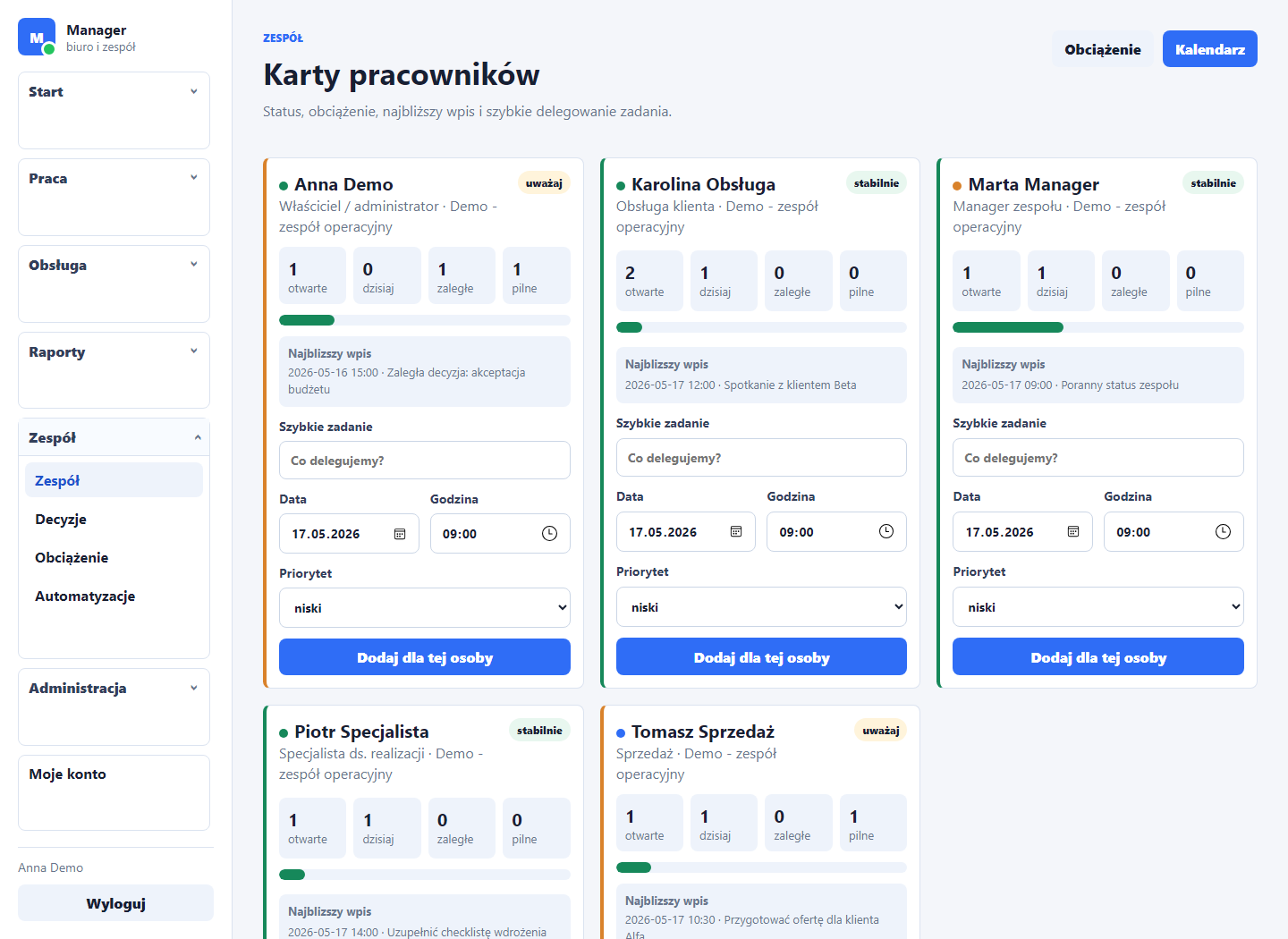 Karty pracowników w aplikacji Manager